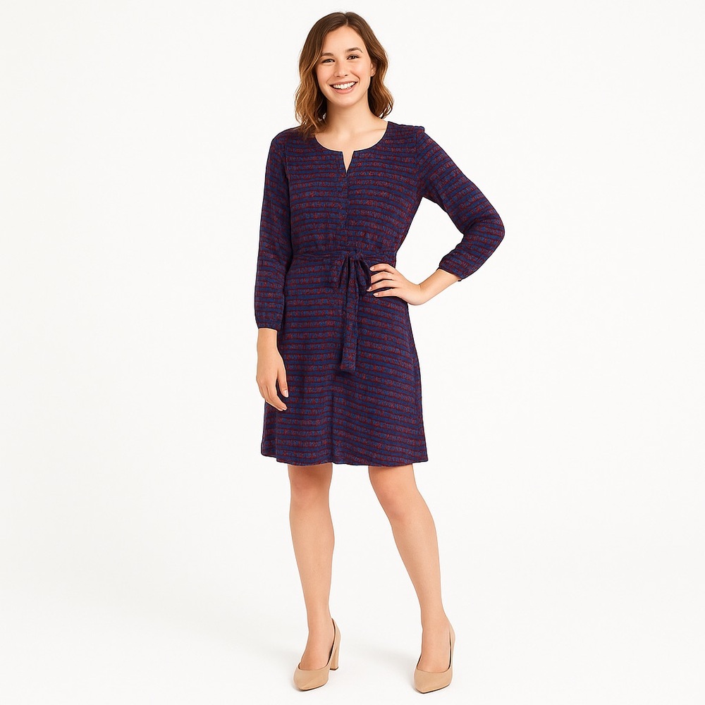 GAP Navy Red Geo Print Long Sleeve Shirtdress – Rayon Belted Dress M